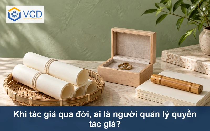 Giỏ tre đựng tác phẩm cuộn và hộp gỗ có vòng nối tượng trưng việc kế tục quản lý quyền tác giả
