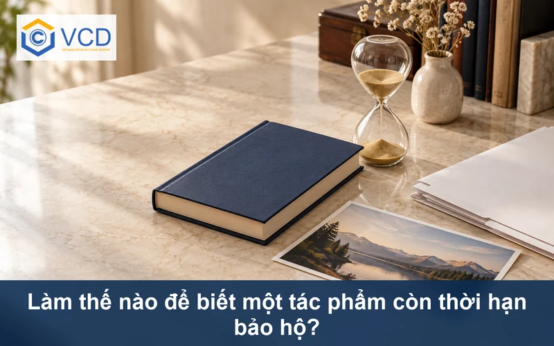 Sách, ảnh phong cảnh, đồng hồ cát và hồ sơ minh họa thời hạn bảo hộ tác phẩm