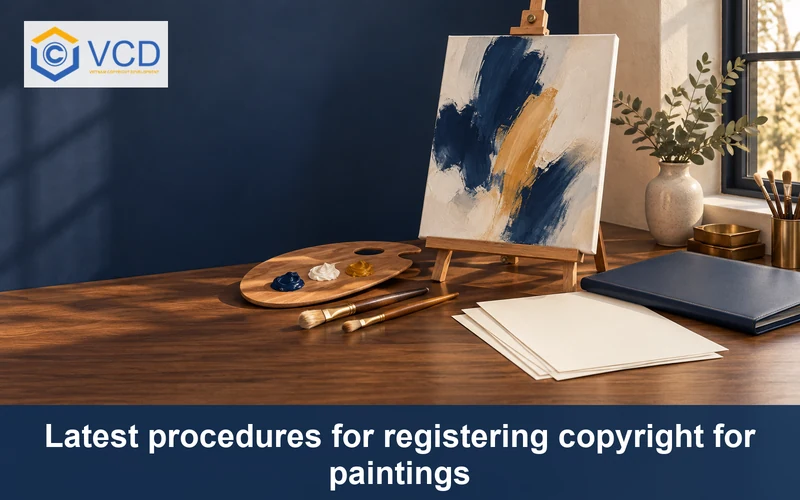 Original canvas on easel, painter palette, brushes and blank copyright application papers
