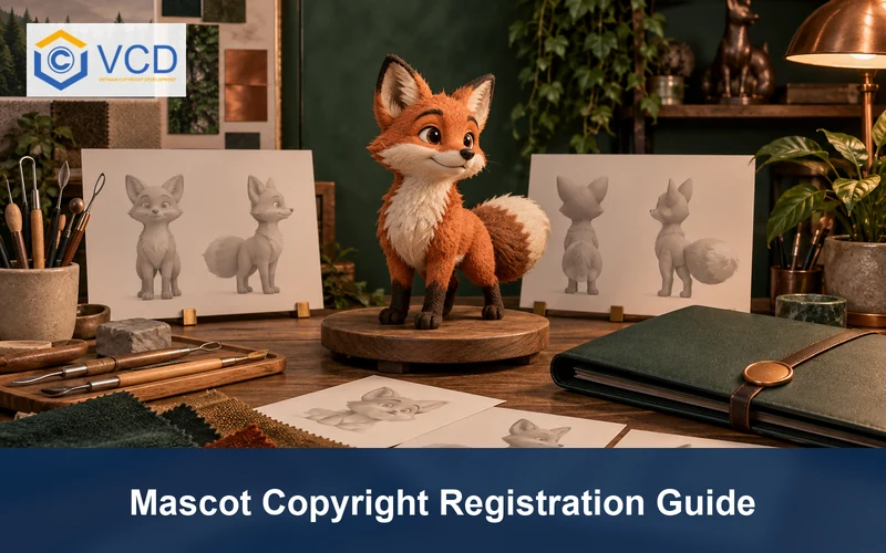 Handcrafted fox mascot maquette with design studies and an archival folder