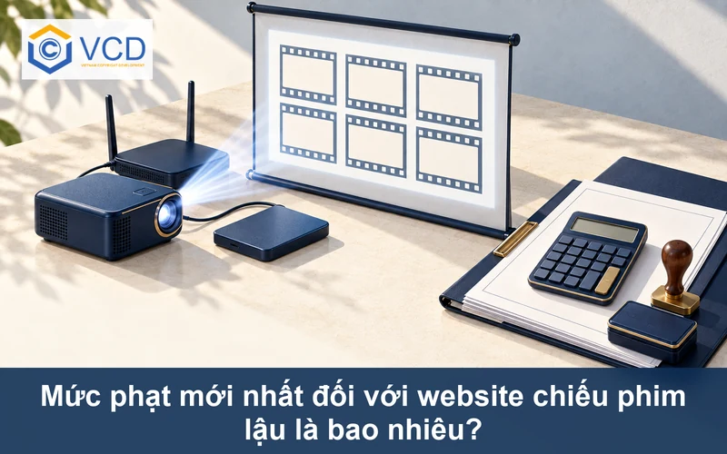 Máy chiếu lưới phim trống cạnh router, ổ cứng, hồ sơ xử phạt, máy tính và con dấu
