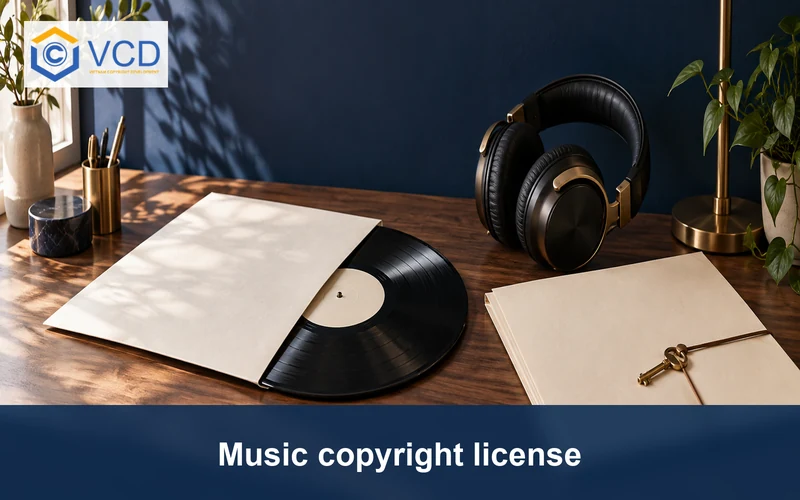 Vinyl record, headphones and blank licensing folder with a brass key