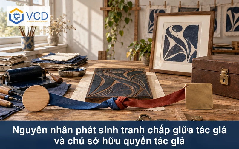 Bản khắc và bản in bị kéo giữa thẻ tác giả, thẻ chủ sở hữu, chìa khóa và tiền nhuận bút