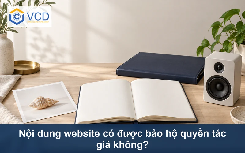 Sổ nội dung trống, ảnh vỏ sò, loa kiểm âm và cặp hồ sơ website