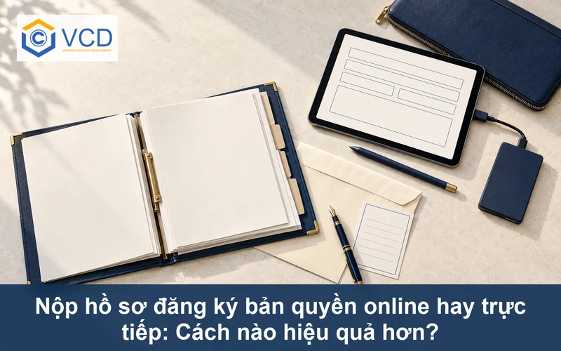 Tablet nộp hồ sơ online cạnh SSD và bộ hồ sơ giấy với phong bì chuyển phát