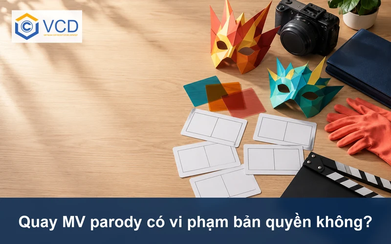 Bàn chuẩn bị MV parody với máy quay, mặt nạ giấy, thẻ phân cảnh và bìa navy