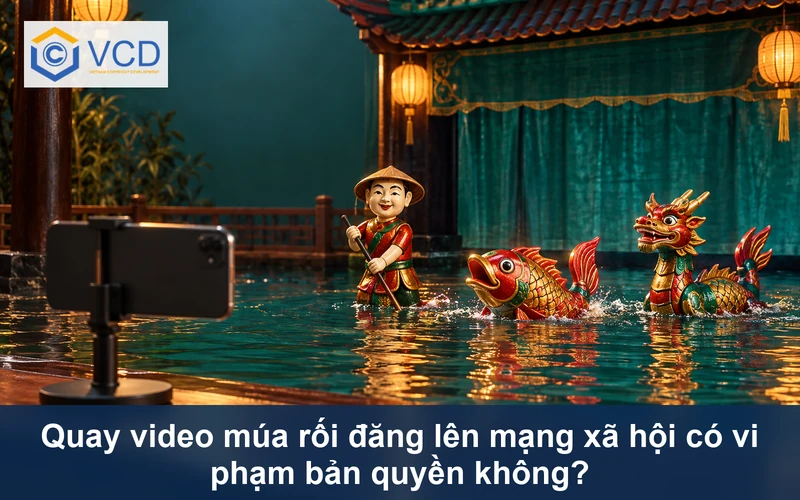 Điện thoại quay sân khấu múa rối nước với các nhân vật gỗ nguyên bản