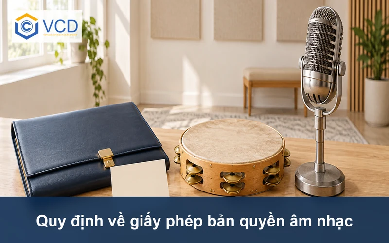 Micro thu âm, trống lắc và cặp hồ sơ giấy phép bản quyền âm nhạc