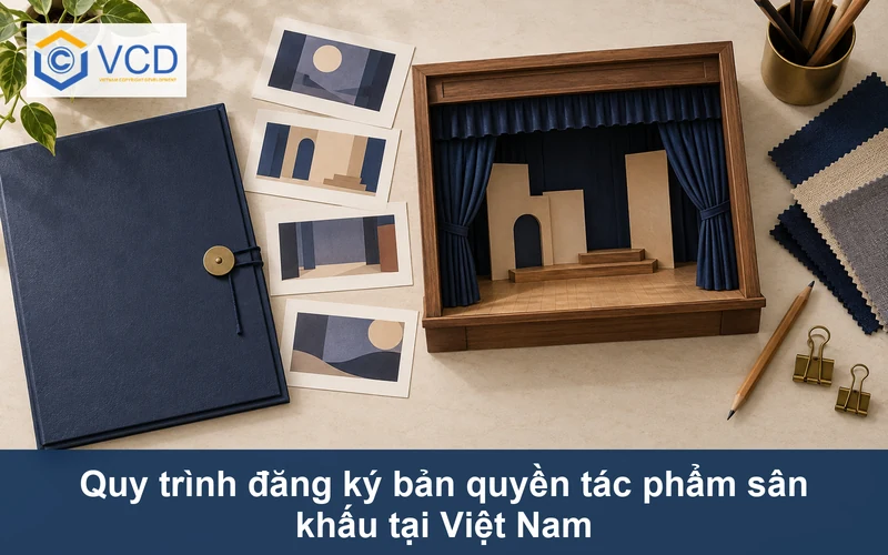Mô hình sân khấu, thẻ phân cảnh trống và bìa hồ sơ đăng ký màu navy