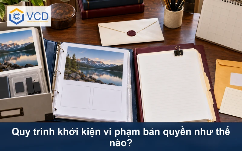 Hộp chứng cứ tác phẩm gốc cạnh hồ sơ bản sao vi phạm, thư cảnh báo, đơn kiện và phong bì tòa án