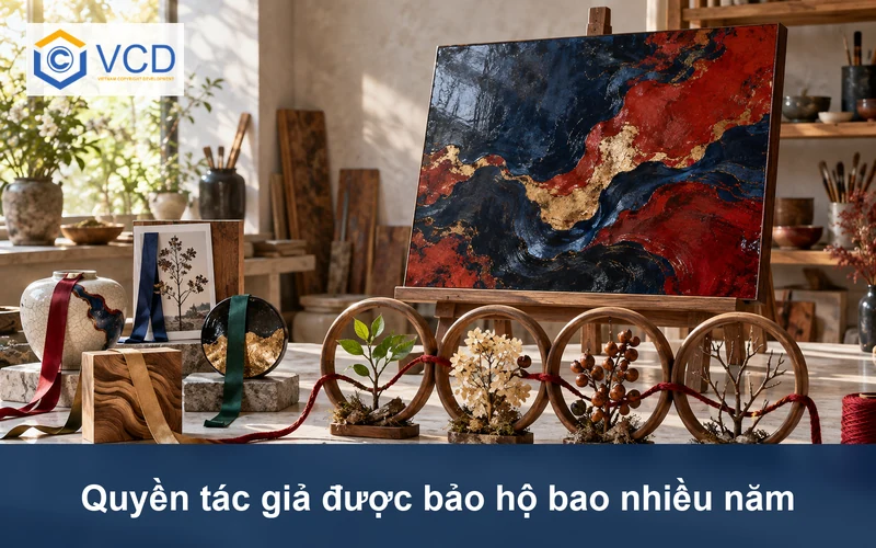 Tác phẩm sơn mài bên chuỗi bốn mùa và dải chỉ dài tượng trưng thời hạn bảo hộ nhiều năm
