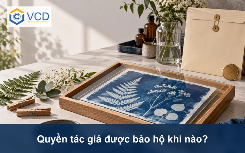 Bản cyanotype vừa hoàn thành được phủ kính bảo quản khi hồ sơ đăng ký vẫn để ngoài