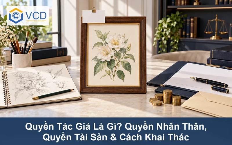 Tác phẩm hội họa gốc với thẻ tên tác giả, sổ phác thảo, hợp đồng cấp phép và tiền bản quyền