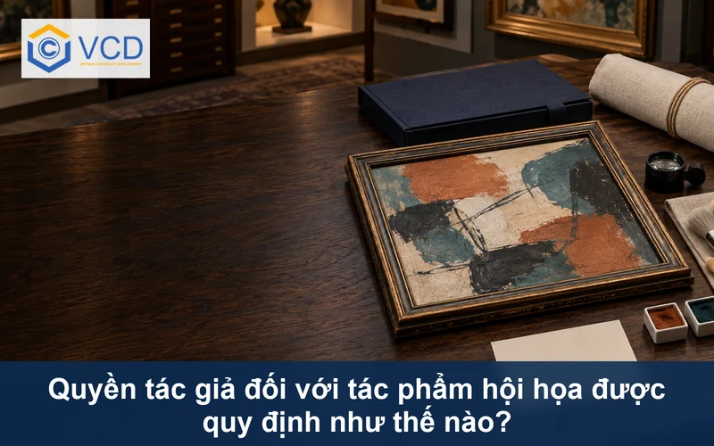Tranh trừu tượng đóng khung, kính lúp, cọ vẽ và bìa lưu trữ navy trên bàn gỗ