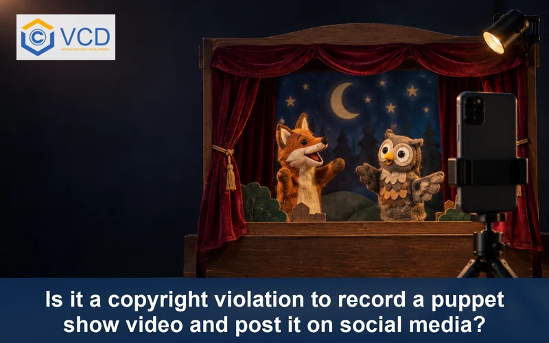 Smartphone recording two original felt puppets performing on a small theater stage
