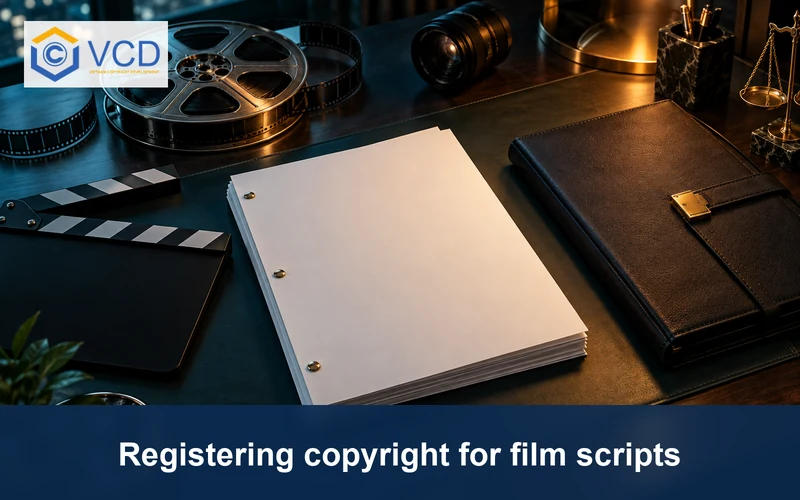 Blank screenplay pages with a film reel, clapperboard and protective portfolio