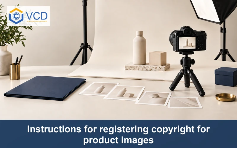 Unbranded product photography studio with camera, blank image prints and registration folder