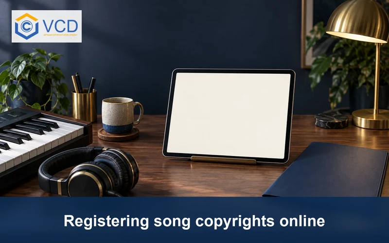 Blank tablet, piano keyboard, headphones and online song copyright folder
