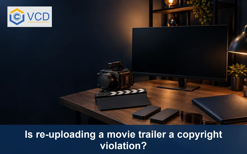 Video post-production desk with blank monitor, cinema camera and duplicate storage drives