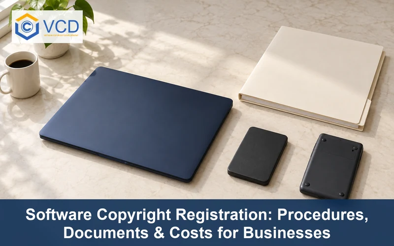 Closed laptop, external drives and blank business folder illustrating software copyright registration
