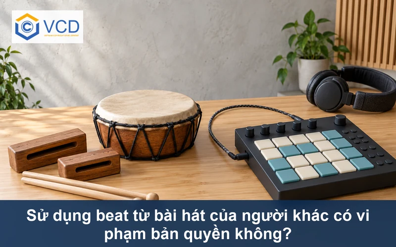 Nhạc cụ gõ kết nối với bộ tạo beat không nhãn hiệu trên bàn tre