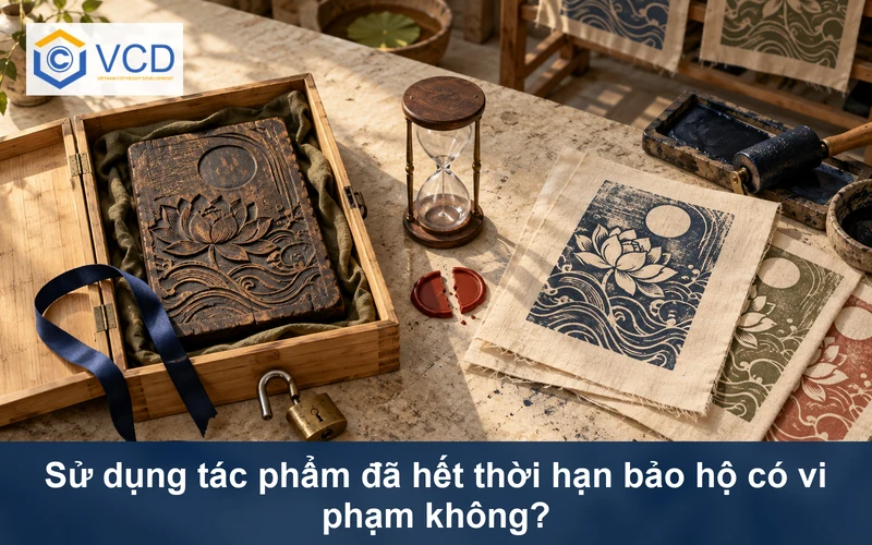 Bản khắc gỗ cổ trong hộp mở cạnh đồng hồ cát hết, khóa mở và các bản in vải mới