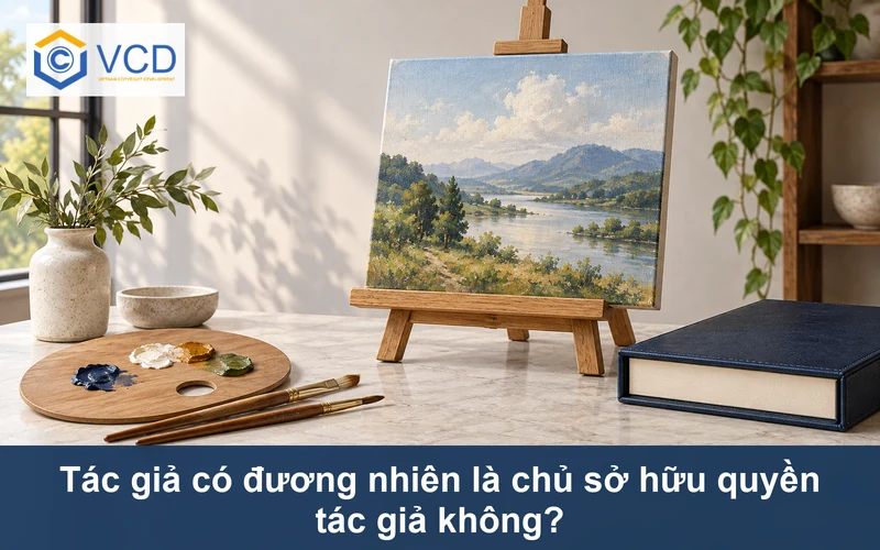 Tranh phong cảnh nguyên bản trên giá vẽ cùng bảng màu, cọ và hộp hồ sơ navy