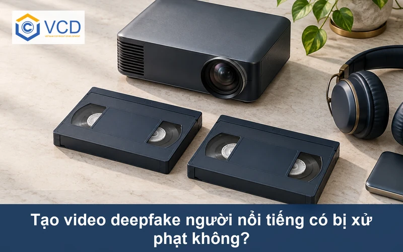 Máy chiếu, hai băng video trơn, tai nghe kiểm âm và ổ lưu trữ trên bàn đá