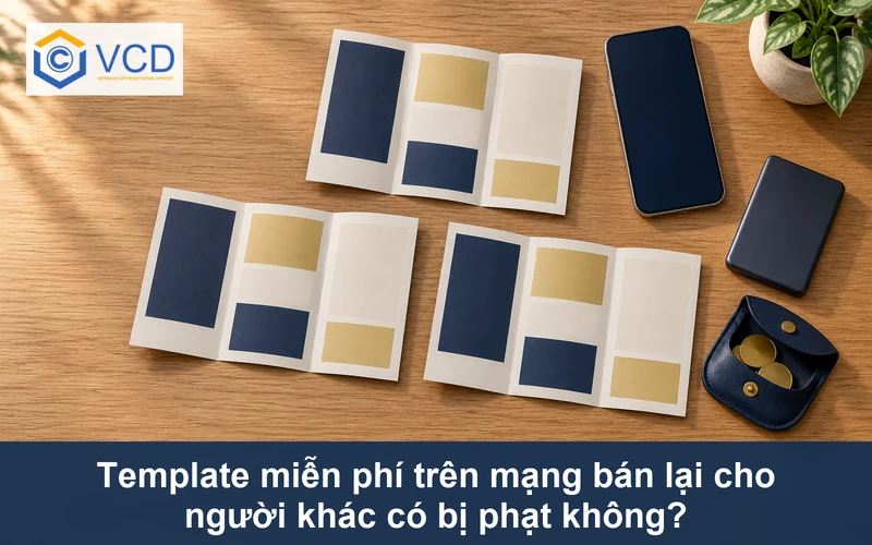 Điện thoại màn hình trống, ba brochure mẫu, ổ SSD và ví đựng xu trên bàn gỗ