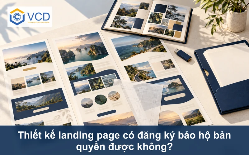 Ba bản in thiết kế landing page, giấy tracing, sổ moodboard, USB và hồ sơ bản quyền
