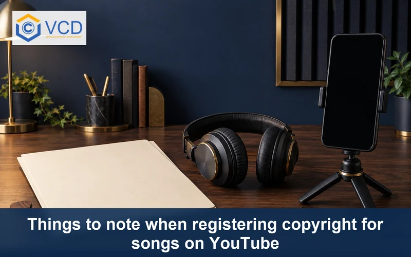 Blank phone on a tripod, headphones and song copyright folder for video publishing