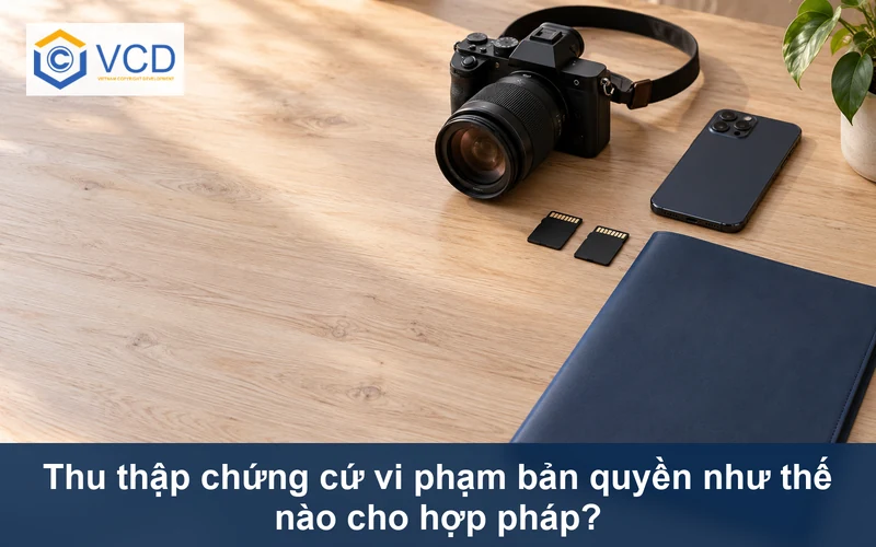 Máy ảnh, thẻ nhớ, điện thoại úp mặt và hồ sơ minh họa thu thập chứng cứ bản quyền