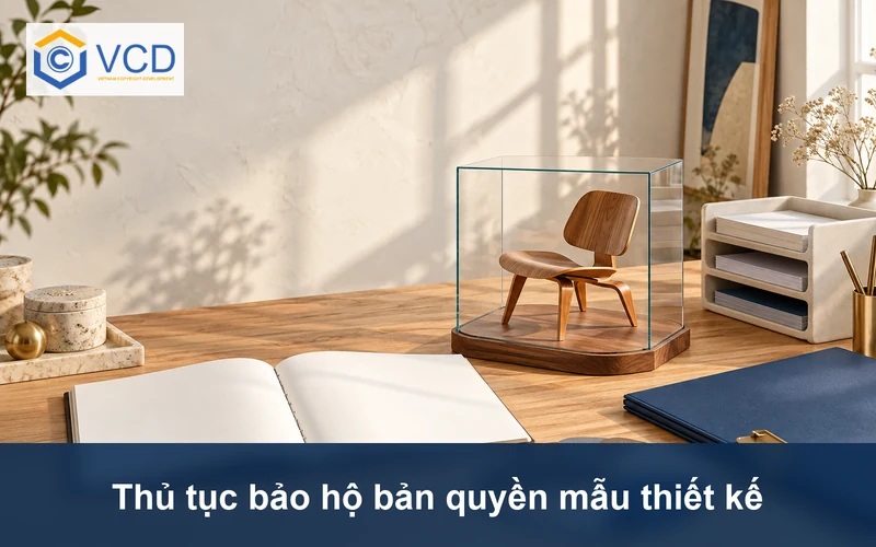 Mô hình ghế thiết kế trong hộp kính cùng sổ trắng và khay hồ sơ