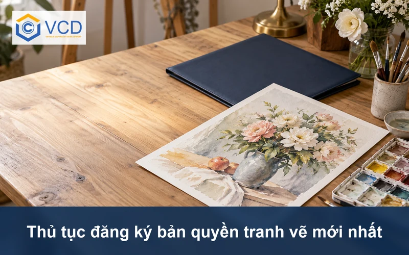 Tranh màu nước hoa, bảng màu, cọ vẽ và hồ sơ minh họa đăng ký bản quyền tranh