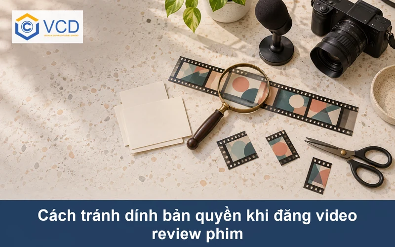 Bàn biên tập video review phim với máy quay, micro và các đoạn phim trừu tượng