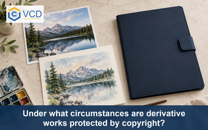 Landscape photograph and a distinct watercolor painting illustrating a derivative work