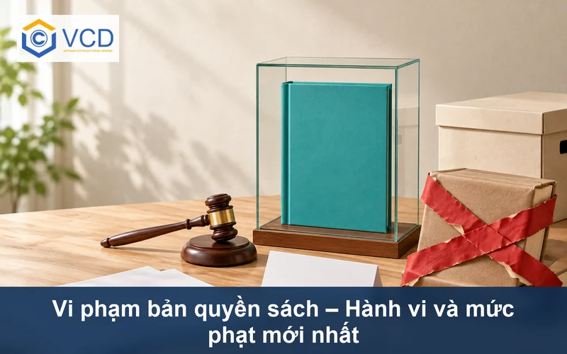 Sách gốc trong hộp kính cạnh sách sao chép bị dán chéo và búa xử phạt