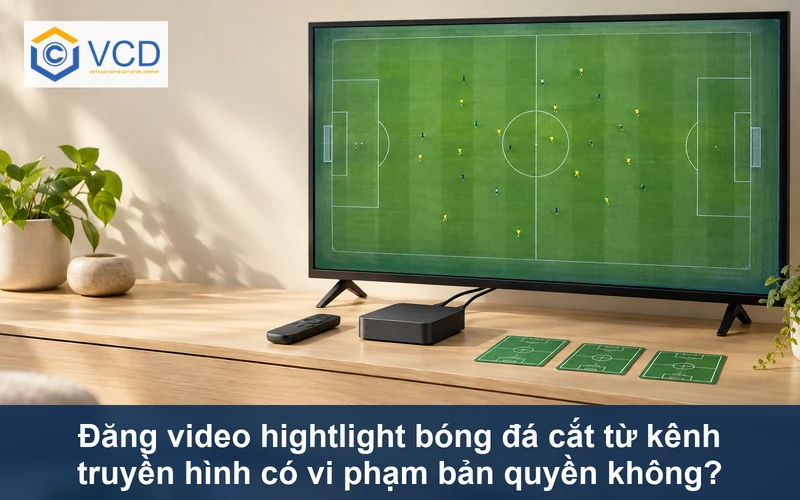 Màn hình trận bóng giả định nhìn từ xa cạnh thiết bị thu hình không nhãn hiệu