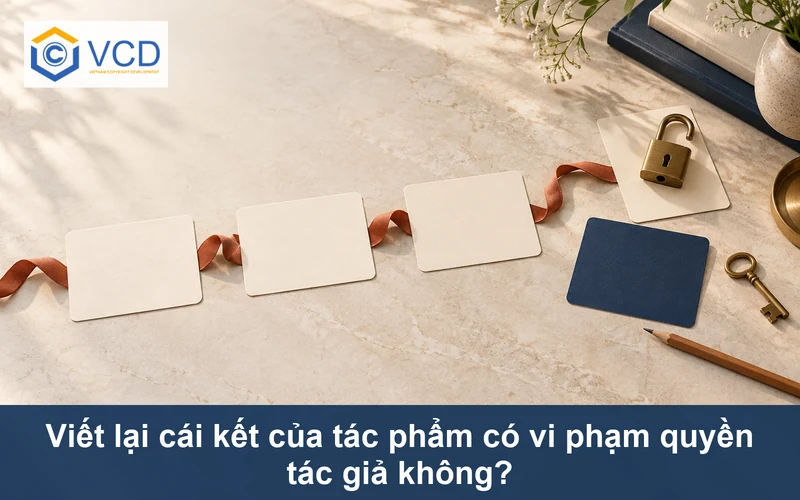 Chuỗi thẻ câu chuyện, thẻ kết mới và ổ khóa minh họa quyền tác giả khi viết lại cái kết
