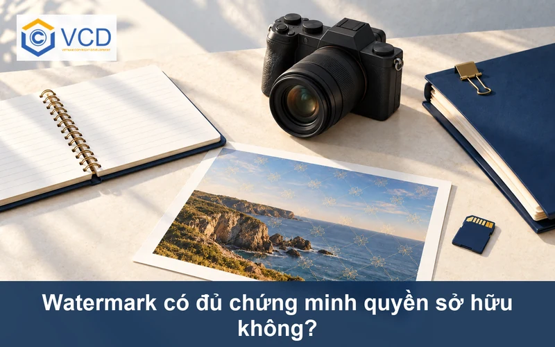 Máy ảnh, ảnh in có watermark hoa văn, thẻ nhớ và hồ sơ bản quyền