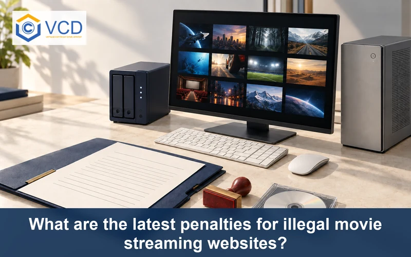 Movie-grid desktop monitor beside a NAS, penalty case file, red stamp and disc