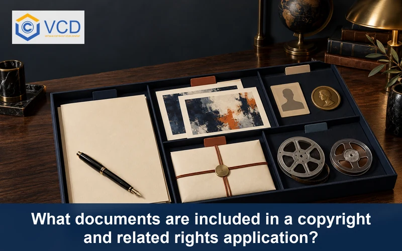 Organized copyright application tray with form, work copies, identity proof, authorization envelope and media specimens