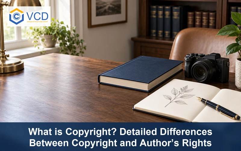 Book, camera, botanical sketchbook and pen illustrating copyright and author's rights