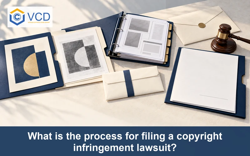 Original artwork and infringing copy beside evidence files, warning letter, unsigned lawsuit petition and court envelope