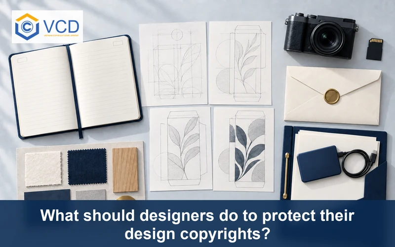 Design evidence archive with project notebook, drawing versions, camera, sealed envelope and backup drive