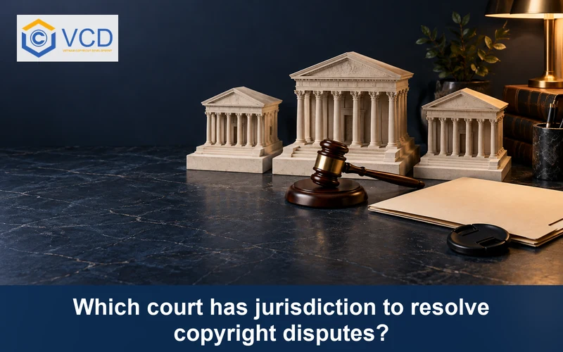 Three courthouse models and a gavel illustrating selection of the court with jurisdiction over a copyright dispute