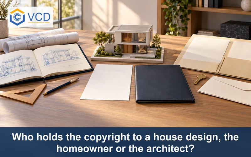 House model between an architect sketchbook and a homeowner contract folder with a brass key