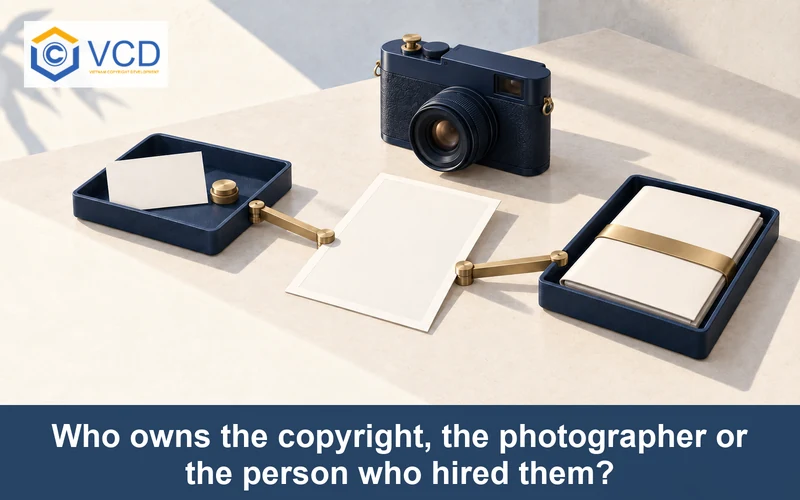Camera and blank photo linked by a brass balance to photographer and hiring-contract ownership trays