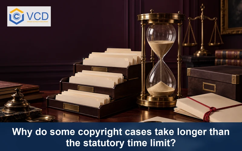 Large hourglass beside queued copyright case folders and a delayed file bundle